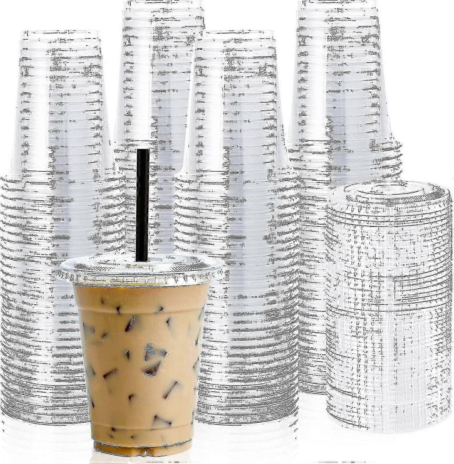 100 Sets Of 12oz Clear Plastic Cups With Flat Lids - Disposable Drinking Cups For Ice Coffee, Smoothie, Slurpee, Or Cold Drinks