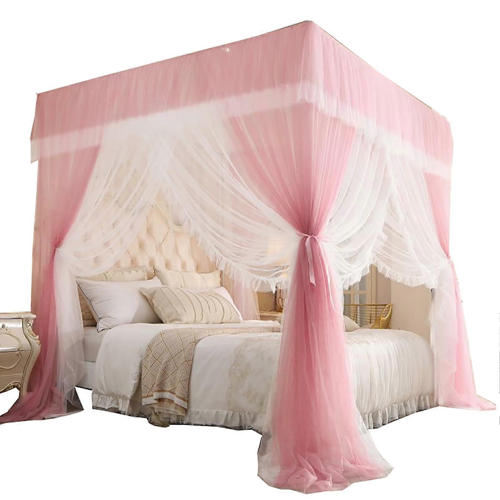 Square Mosquito Net Bed Tent Canopy for Girls, Pink Double Layer Draping Net, 180 x 200 cm, Bedroom Decoration