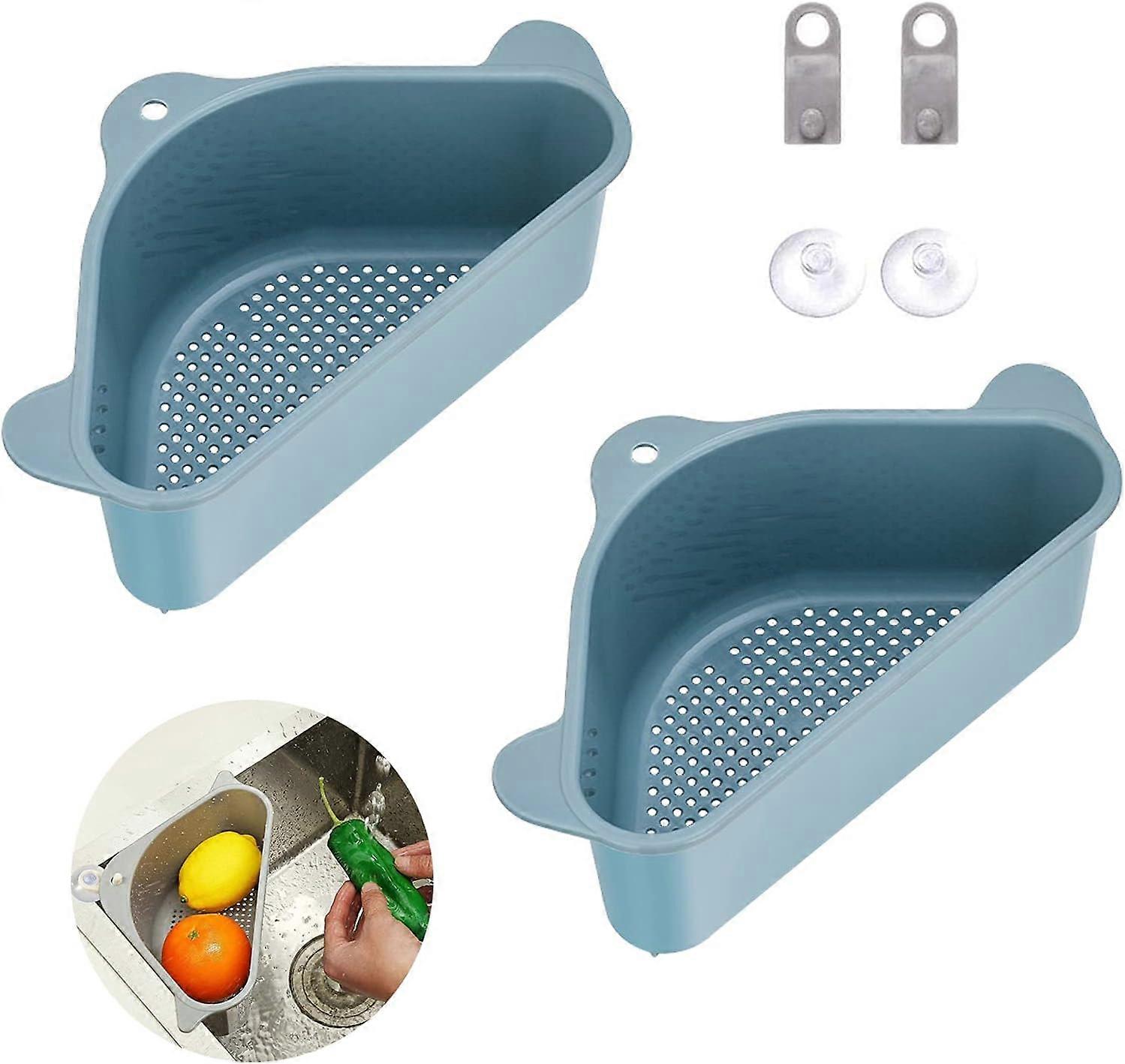 2pcs Triangle Sink Holder, Sink Drain Baskets with Suction Cup Drainers (Blue)