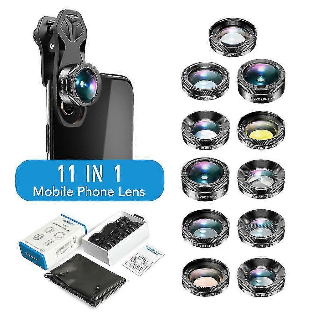 APEXEL APL-DG11 Universal Professional HD Phone Camera Lens Kit 11in1 Micro Lens 140 Wide Angle Lens 205 Fisheye Lens Kaleidoscope Lens Grad Color & F