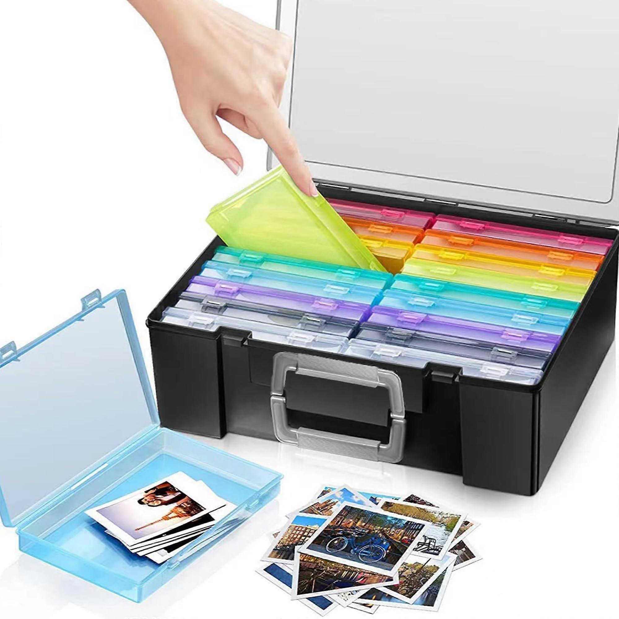 4 x 6 Inch Photo Organiser with Handle, 16 Colored Plastic Organisers for Photos, Crafts, Stamps, and Office Supplies