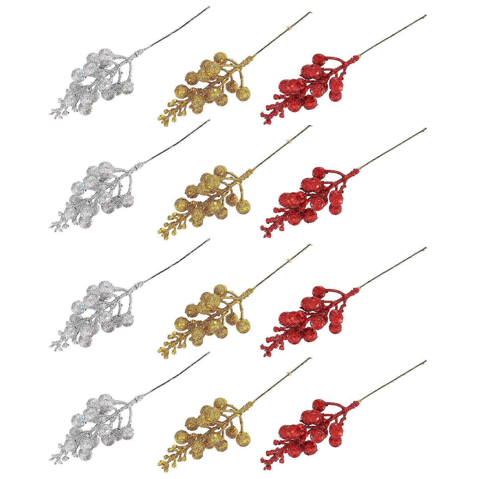 15pcs Christmas Glitter Fruit Stems Artificial Holiday Decor Branches for Xmas Tree, Wreath & Vase Fillers – Festive Party Accessories in Gold,