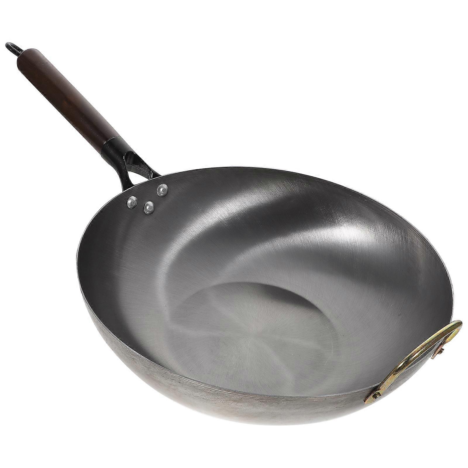 Black Iron Wok Pan with Wood Handle for Home Cooking Suitable for Indoor and Outdoor Use 7.8 Inches