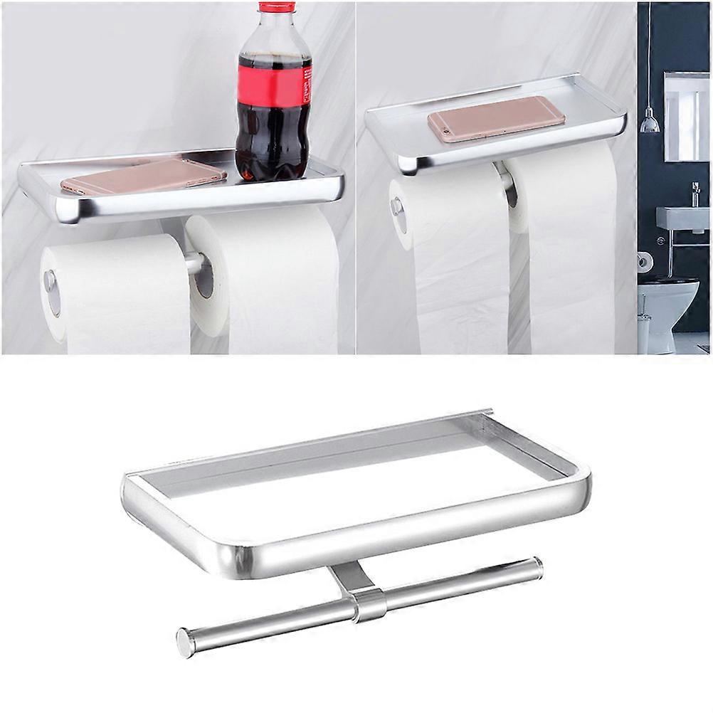 Aluminum Double Roll Paper Holder with Phone Organizer for Bathroom Use Silver 26x13x11cm