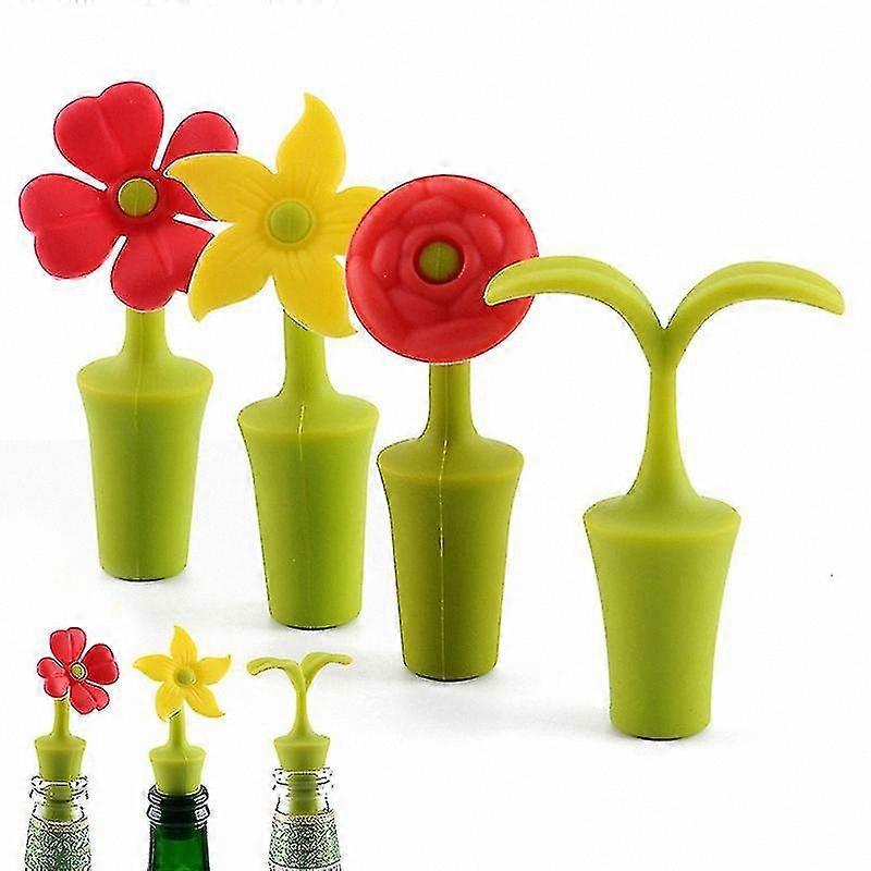 Flower-Shaped Champagne Bottle Stoppers, 4-Pack Silicone Wine Sealers, Multicolor Leak-Proof Design for Various Bottles
