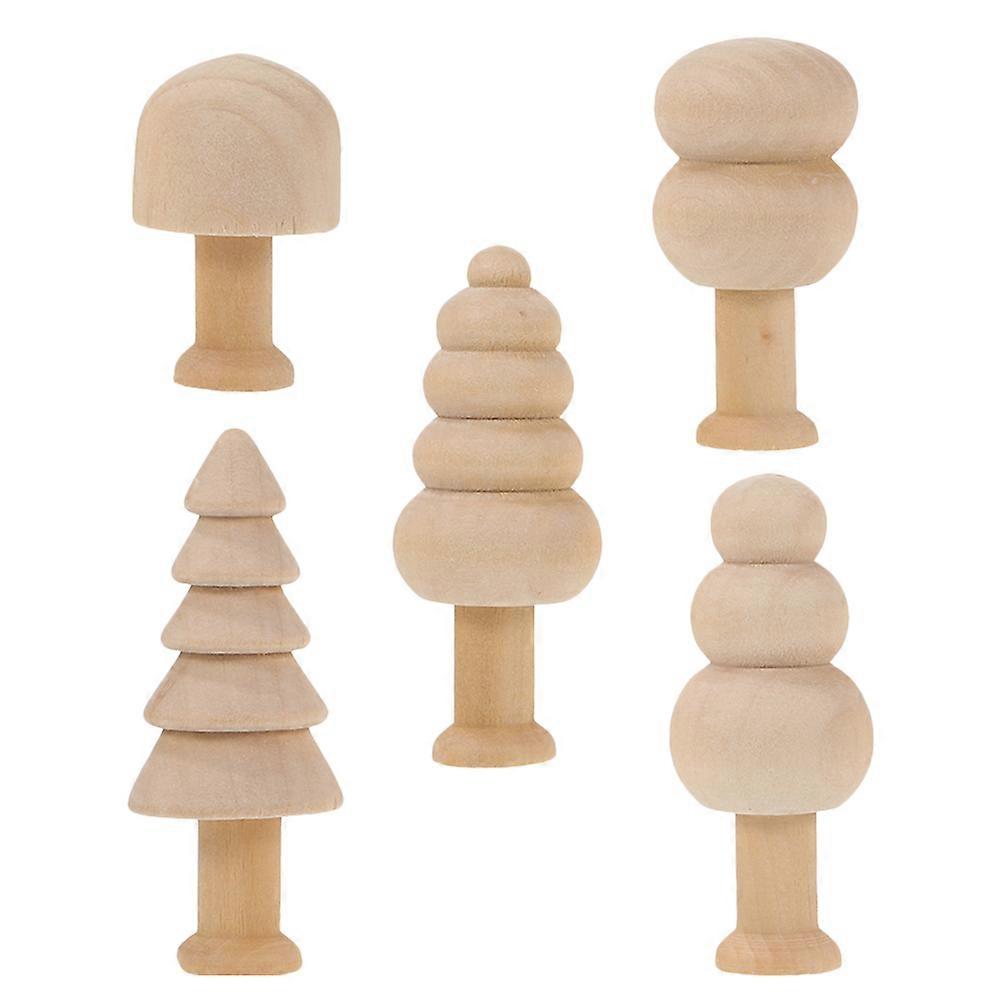 5pcs Unfinished Wooden Peg Dolls and Trees Natural Ivory Wood Figures for Kids DIY Crafts and