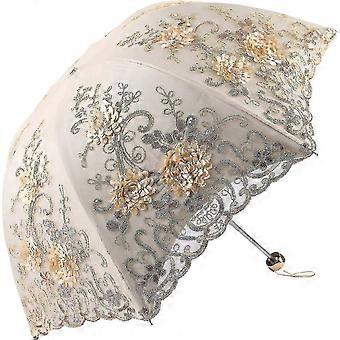 Vintage Lace Uv Protection Sun Umbrella Folding 3d Flower Embroidery Umbrella Yellow