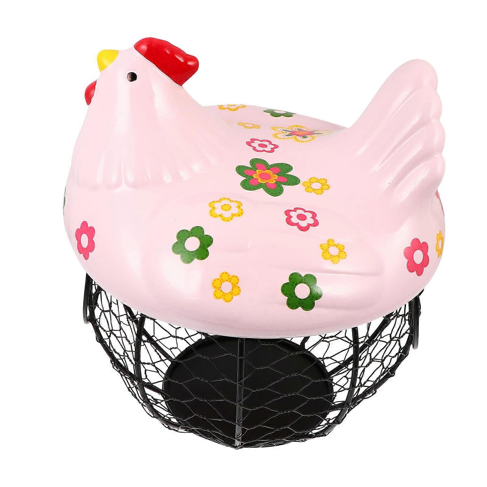 Pink Hen-Shaped Iron and Ceramic Egg Basket for Storage Approximately 25pcs Eggs