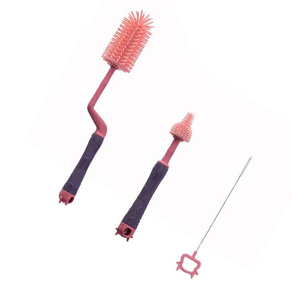 Baby Bottle Cleaning Brush Set with Silicone Scrubber for Small Bottles Pink 360° Rotation