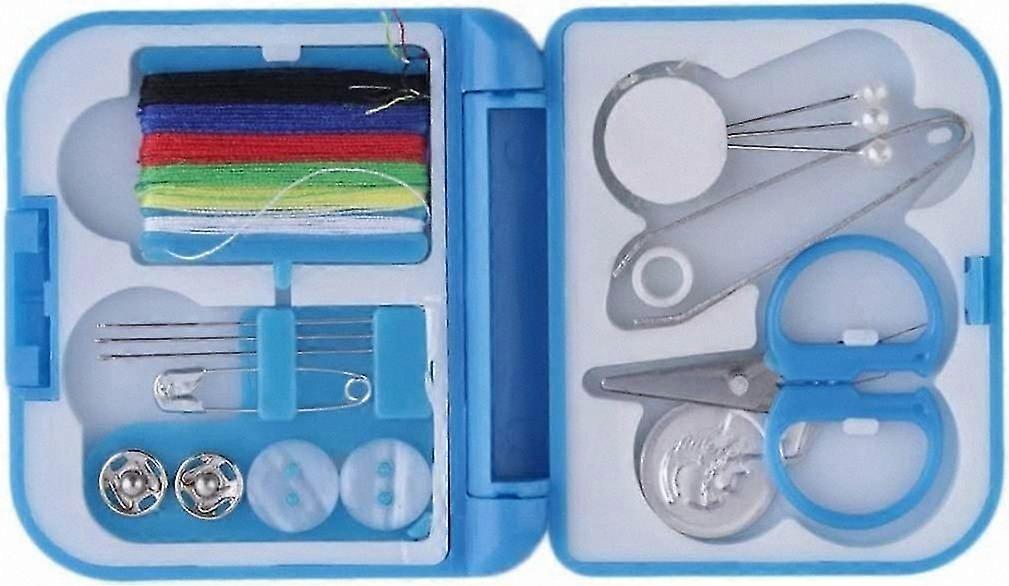 Portable Sewing Kit with Thread, Needles, Mini Scissors, Tape, and Pins in a Compact Plastic Storage Case for Home and Travel Use