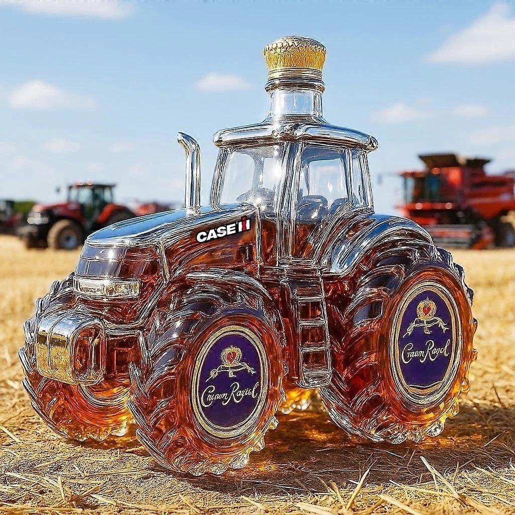 Tractor-shaped, fun, and high-value empty whiskey bottles are creative bar decorations.