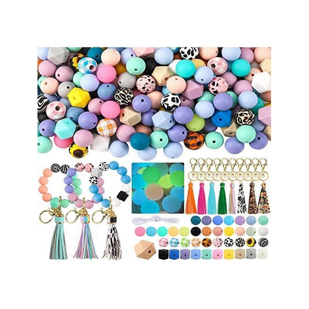 221Pcs 15Mm Bulk Silicone Rubber Keychain Beads with Tassels and Key Chain for DIY Keychain Making