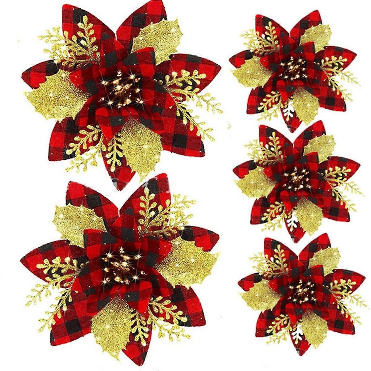 20PCS 14.5cm Glitter Artificial Christmas Flowers Merry Christmas Tree Decoration Happy New Year Or