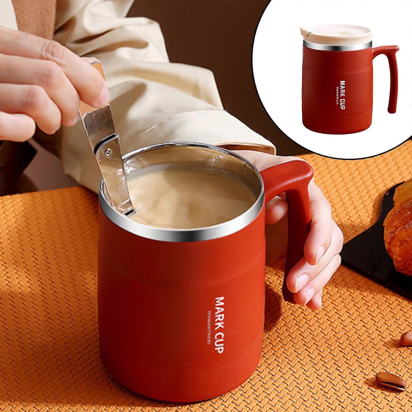 Qnjujn Coffee Mug with Handle, Portable Insulated Travel Mug with Lid & Spoon, Double Layer Stainless Steel, Red, Compatible with Office Use