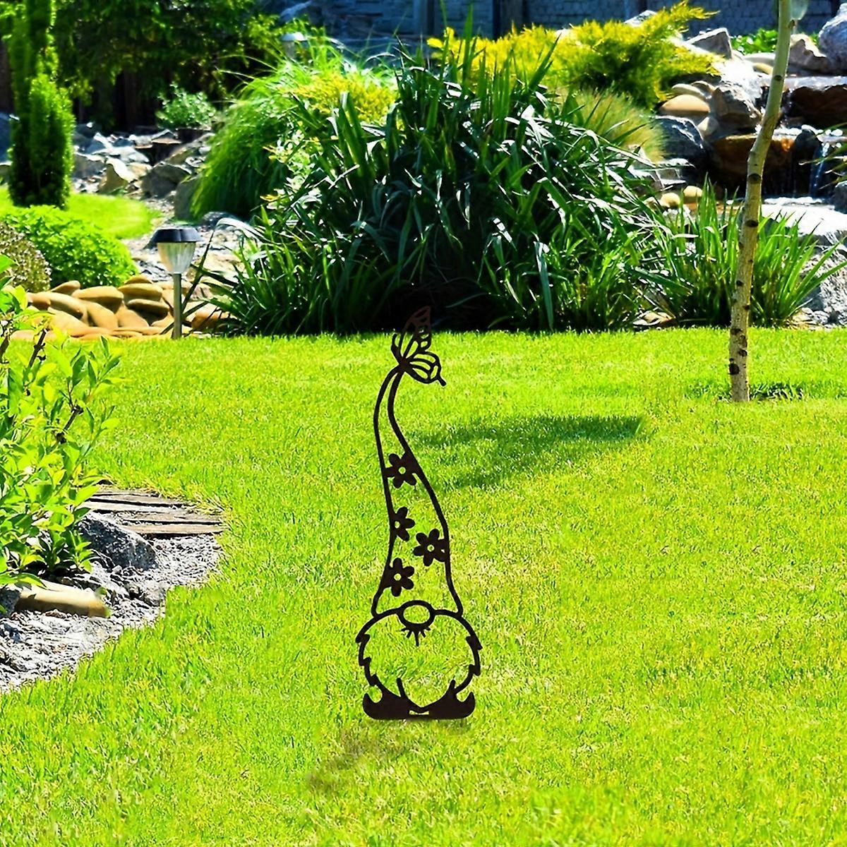 1PC Decorative Dwarf in Hat Metal Garden Stake Ornament Sculpture for Lawn Yard
