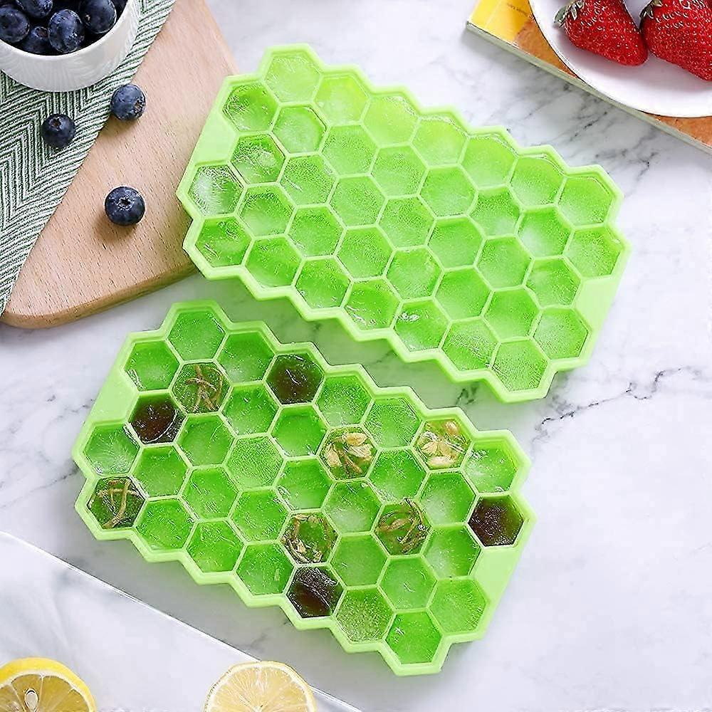 Silicon Ice Tray 2 Pack, Flexible Honeycomb 37-Cavity Cube Mold Compatible with Whiskey Bar, Multicolor Rubber Ice Cube Box for Freezer
