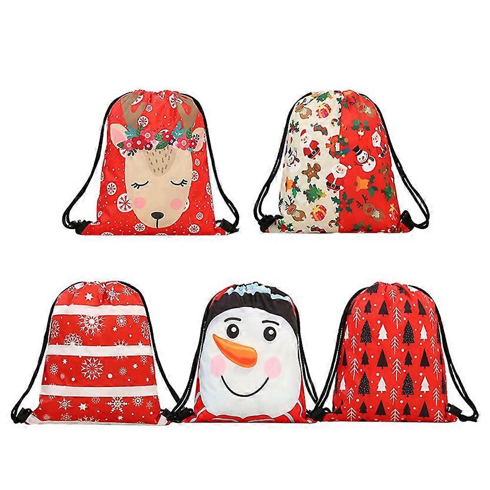 Christmas Drawstring Backpack for Storage Use 5Pcs Assorted Color Printed Bags