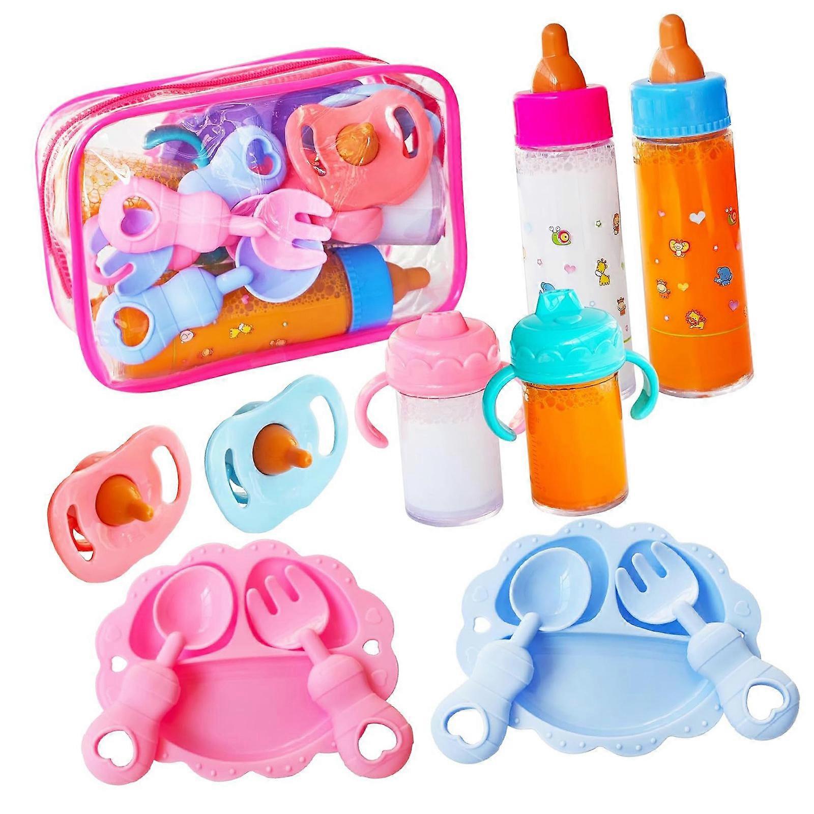 Interactive Baby Doll Feeding Set with Bottle Pacifiers Fork Colorful Drink Containers Educational Role Play Toy 12PCS Multicolor