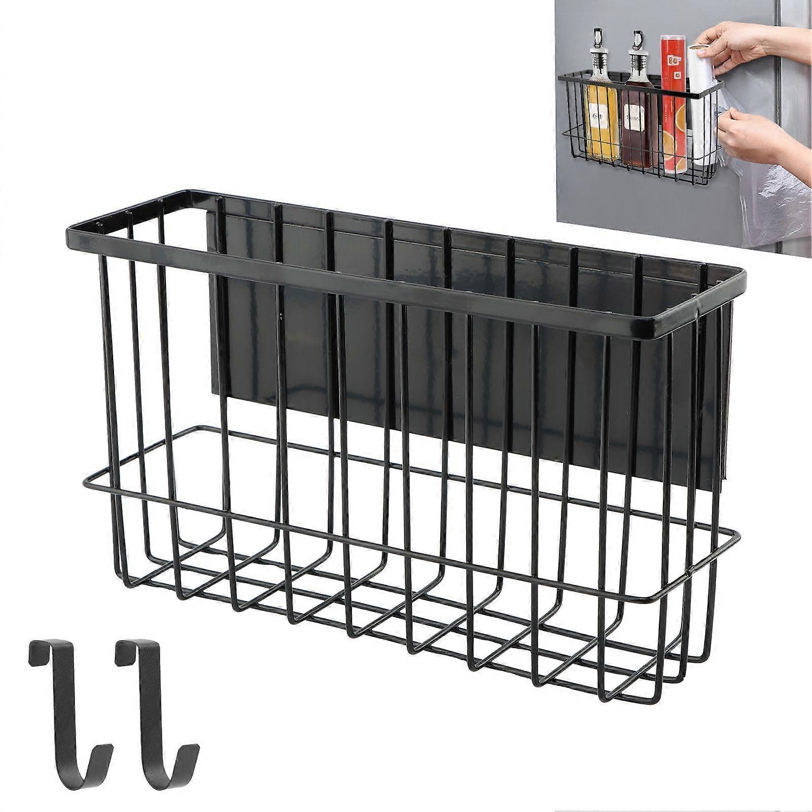 Magnetic Refrigerator Organizer with Hooks, Large Capacity Rustproof Kitchen Storage Rack Black