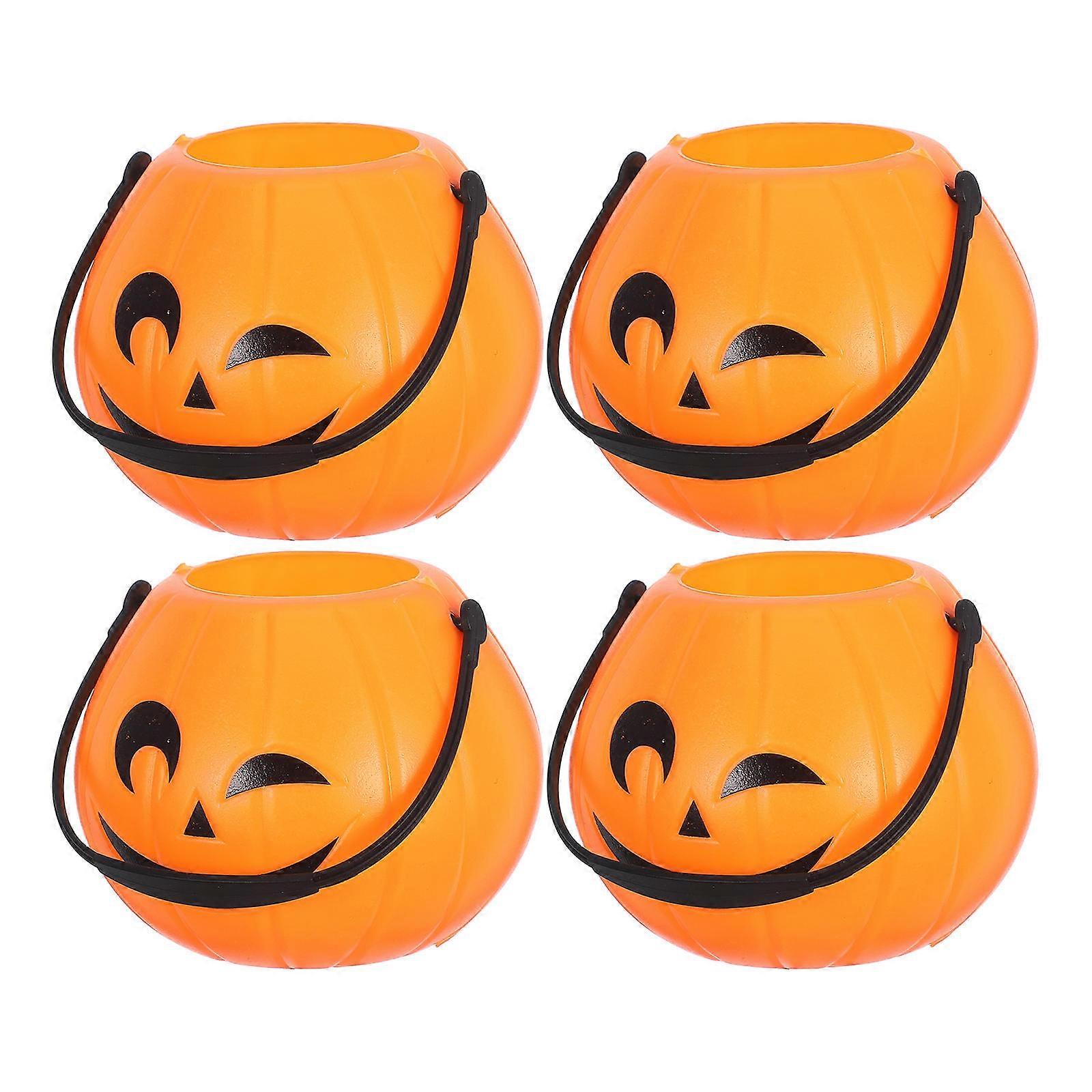 Orange Portable Pumpkin Buckets for Halloween Candy Storage 4Pcs Plastic Pails