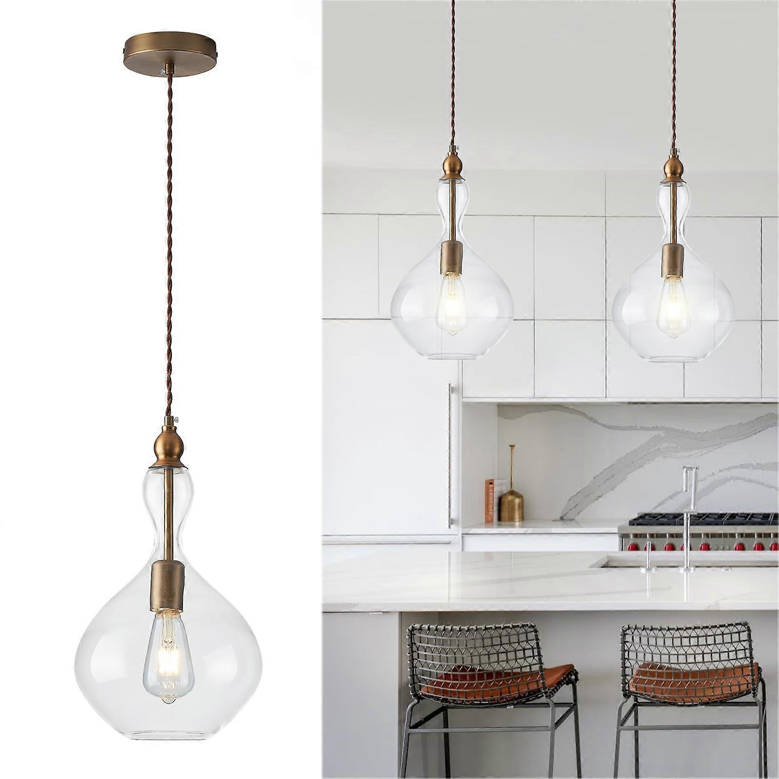 Glass Pendant Light with Hand Blown Brass Shade, Adjustable Height, Dimmable for Kitchen Island