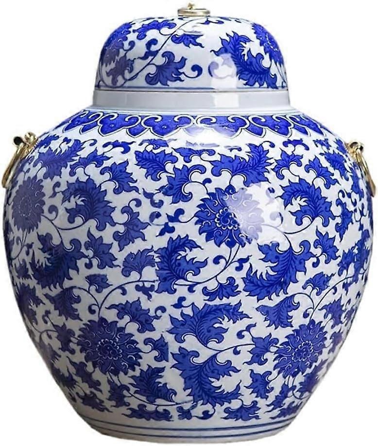 Blue and White Porcelain Ginger Jar with Lid, Large Chinoiserie Vase for Home Decor and Storage