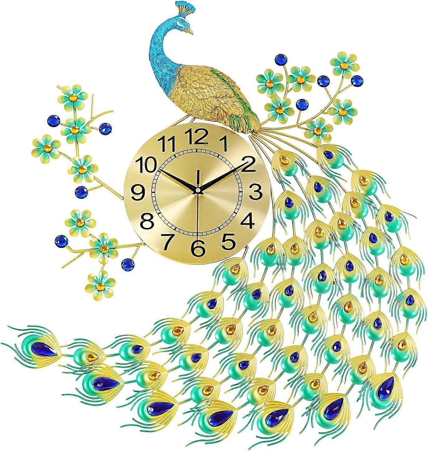 Large Peacock Wall Clock with Elegant Design, Silent Quartz Pendulum, Gold and Blue 25In