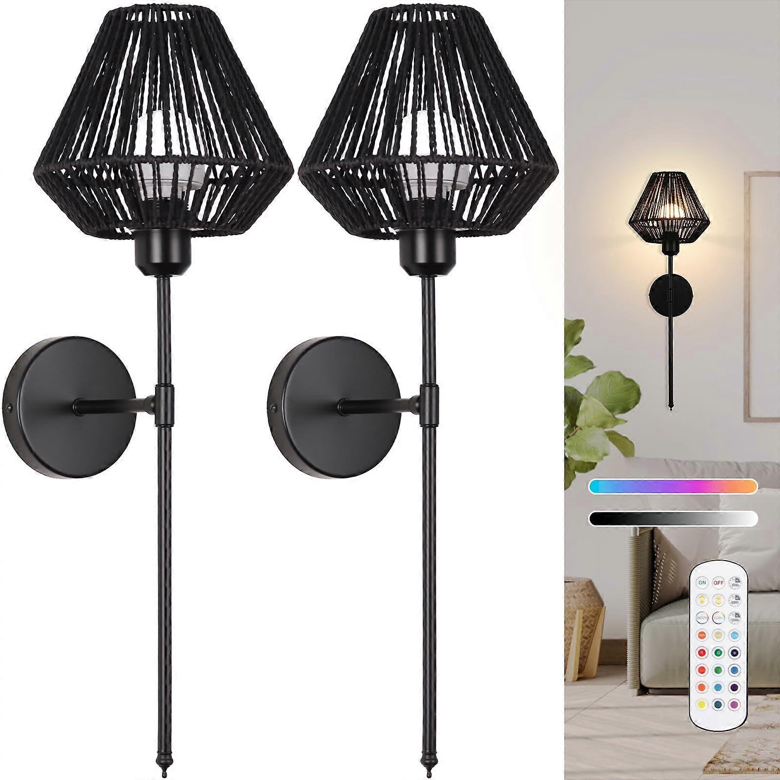 Battery Operated Wall Sconces Set of 2, Boho Rattan Rechargeable Lights with Remote, Dimmable MultiColor LED for Bedroom