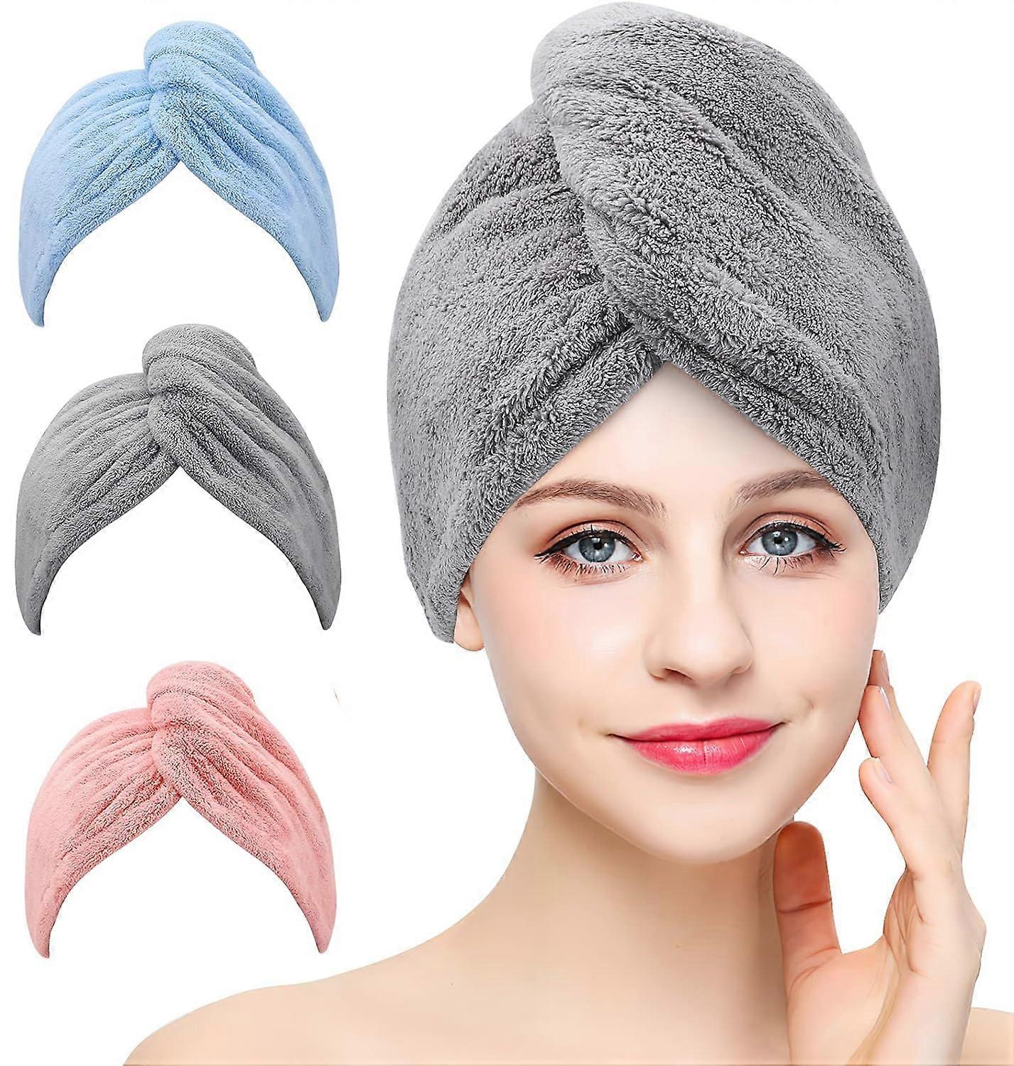 Microfiber Hair Towel Wrap 3 Pack for Fast Drying, Super Absorbent with Button, Pink Grey Blue