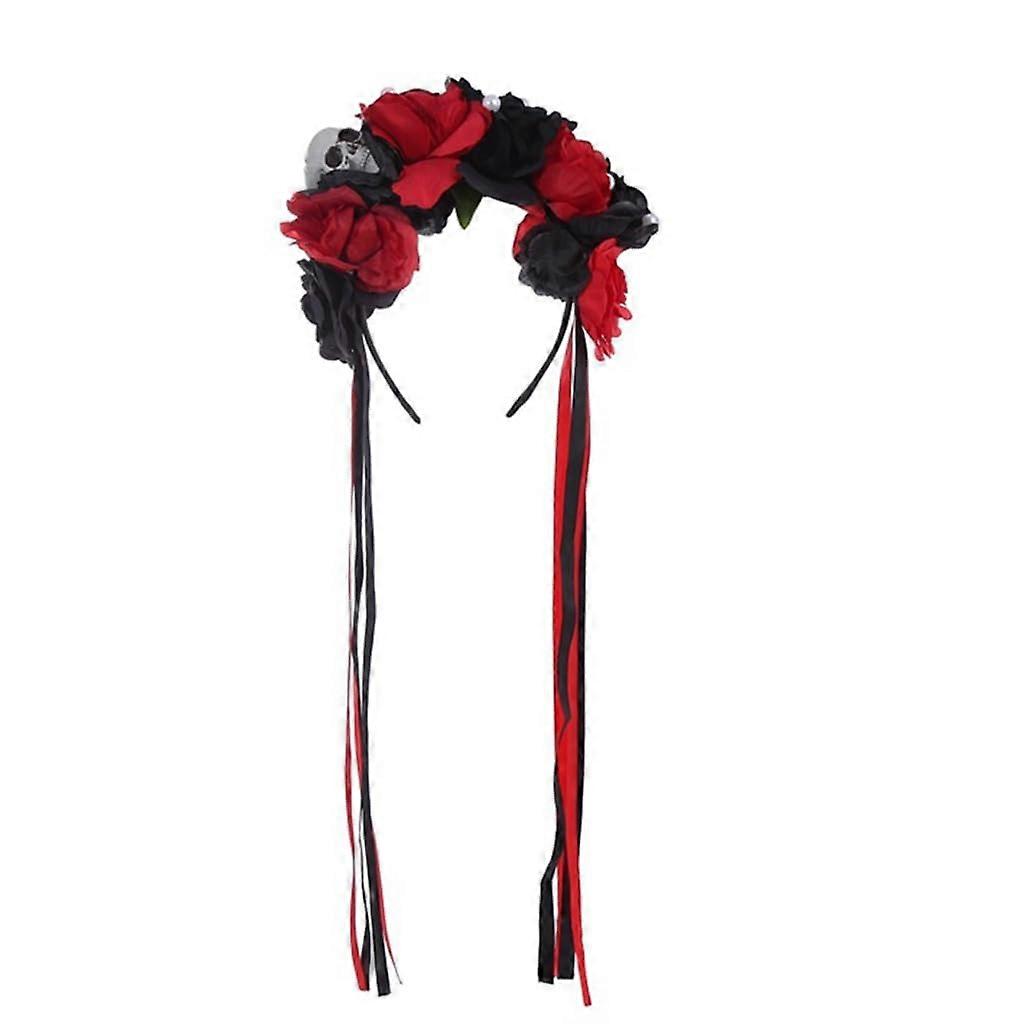 Gothic Skull Headband with Black Rose Crown for Women Halloween Day of the Dead Cosplay