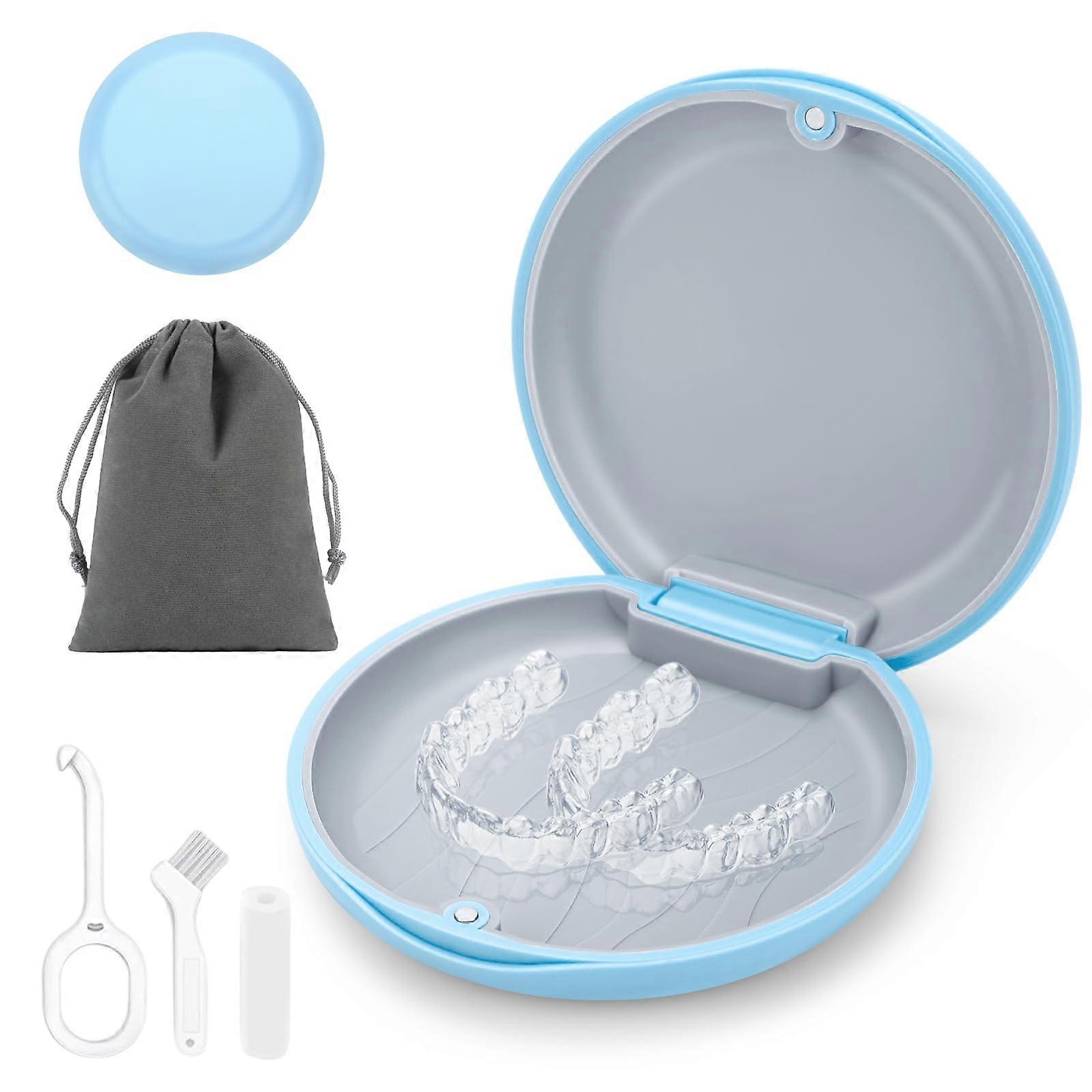 Retainer Case with Magnetic Secure Closure, Compact Storage Box for Invisalign Aligners, Blue with Removal Tool and Cleaning Kit