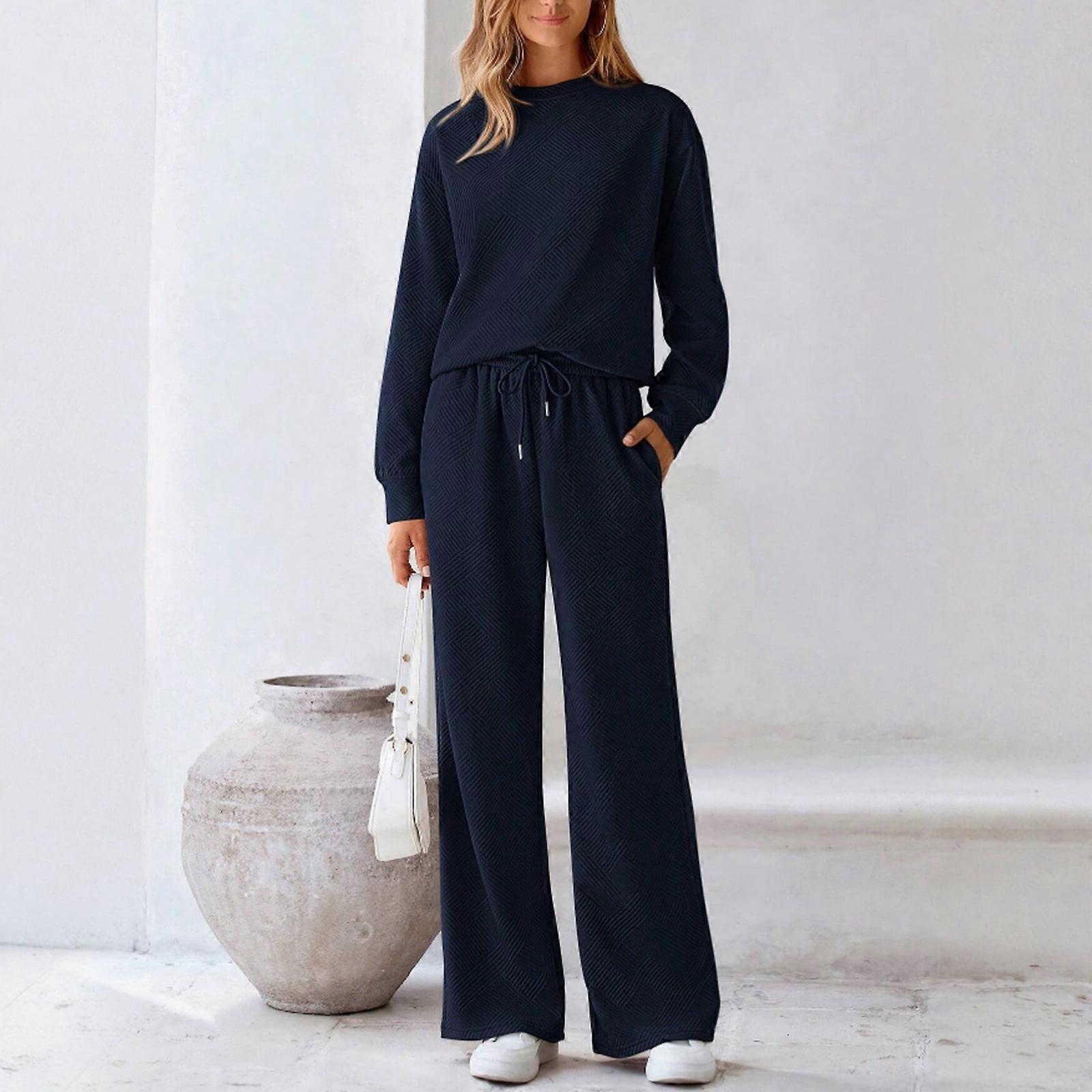 Women's Fall Solid Textured Drawstring 2-Piece Tracksuit Set Navy Blue XXL
