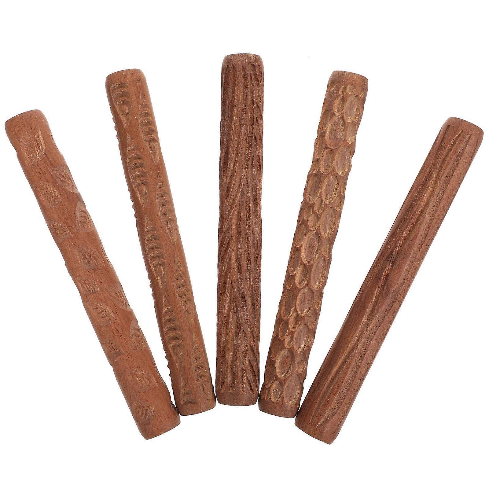 Mud Rolling Tool Wooden Pottery Pattern Rollers for Clay 5Pcs Set