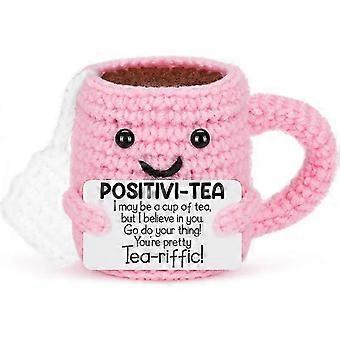Handmade Crochet Positivi-Tea Plush - Funny Positive Tea Cup Decor, Inspirational Encouragement Gift for Coworker Friend Employee, Cute Desk Decor for
