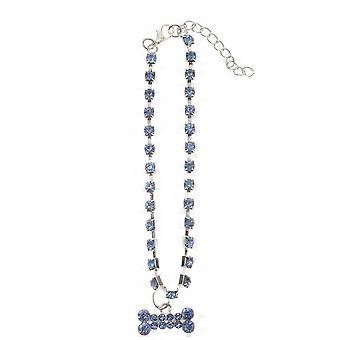 Collier en forme d'os pour chien, ajustable, en métal bleu et strass.