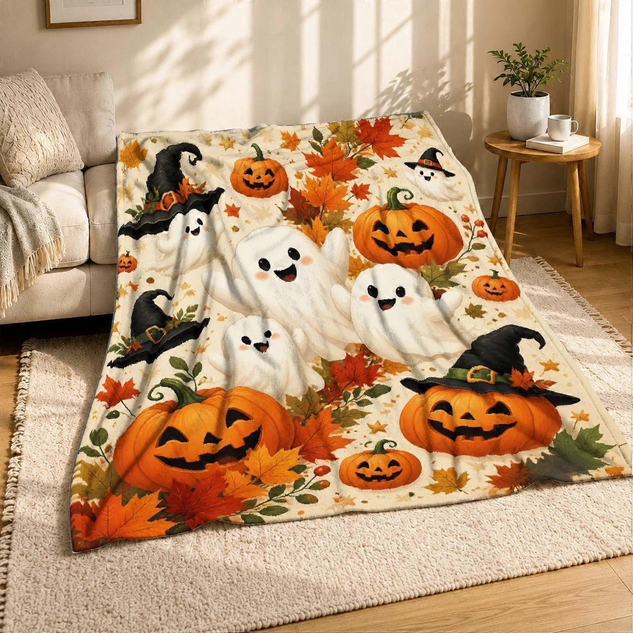 Spooky Ghosts and Pumpkins Plush Throw Blanket
