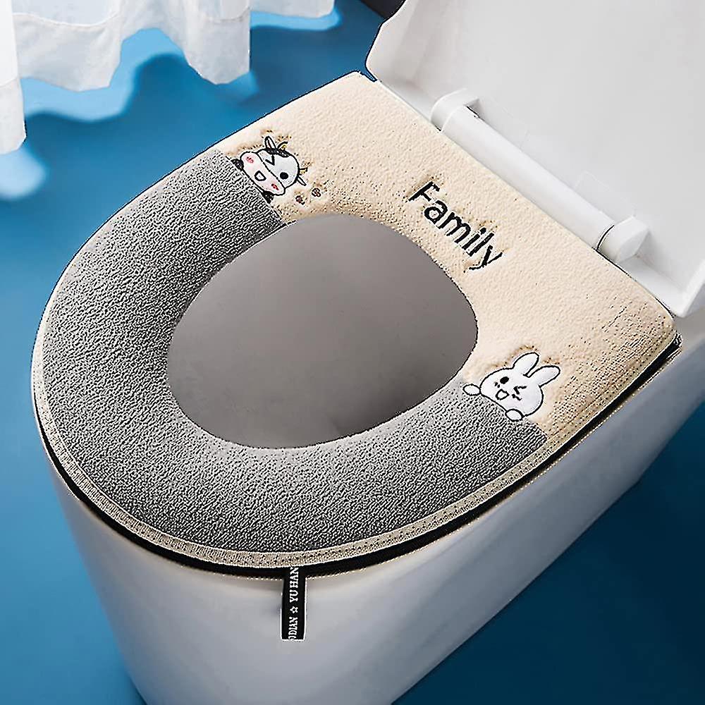 Cartoon Washable Toilet Seat Cover Pad Reusable Warm Plush Bathroom Super Soft Toilet Seat Mat Cushion , Easy Clean Install (grey)