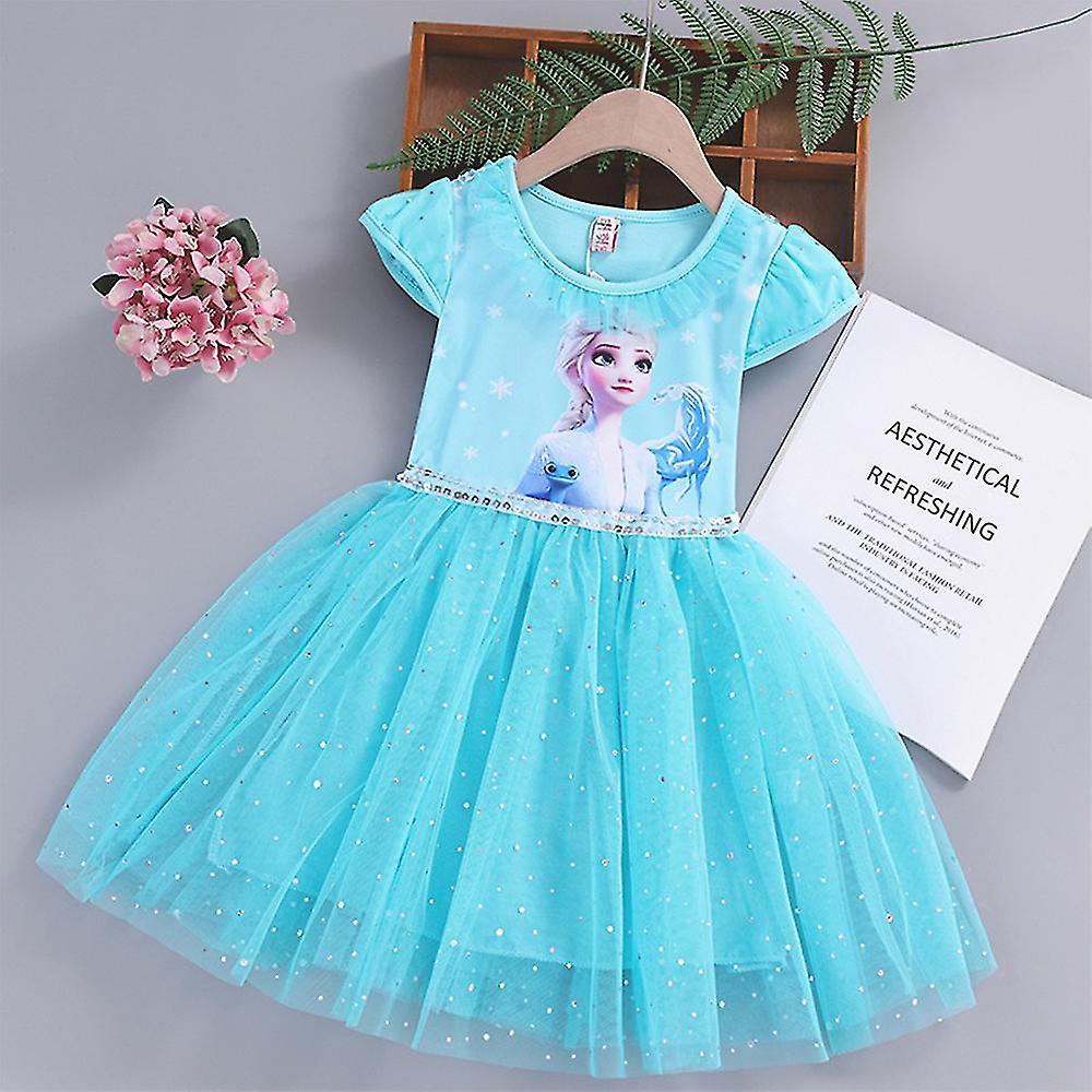 Kids Girls Frozen Elsa Print Princess Tulle Dress Costume Summer Short ...
