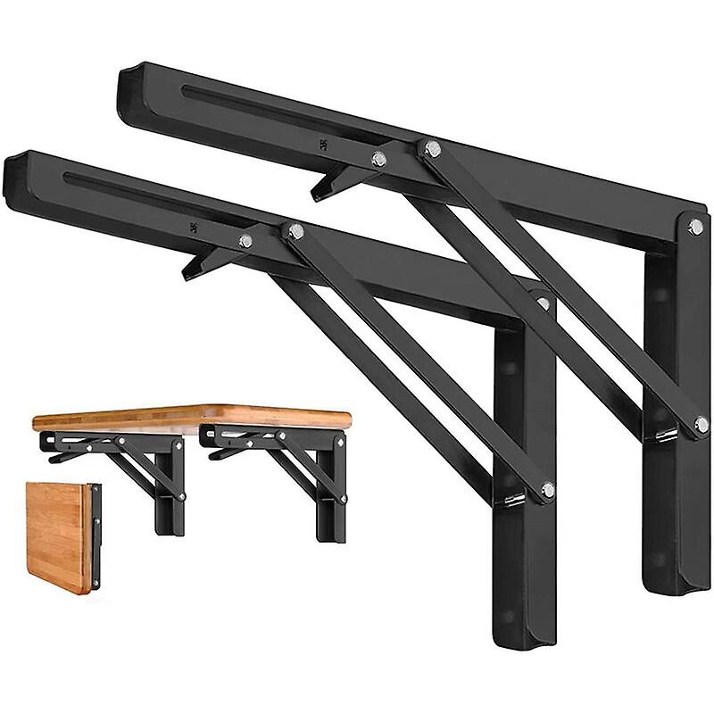 2 Stainless Steel Folding Shelf Brackets - Foldable Console Brackets for Wall Shelves - Black, 250mm, 80kg Capacity