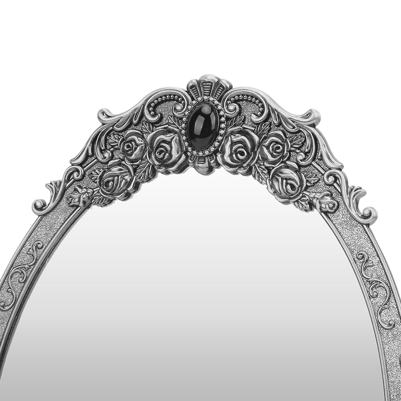 Retro Desktop Makeup Mirror Floral Embossed Beaded Edges Clear Image Functional Vintage Mirror DecorationSilvery