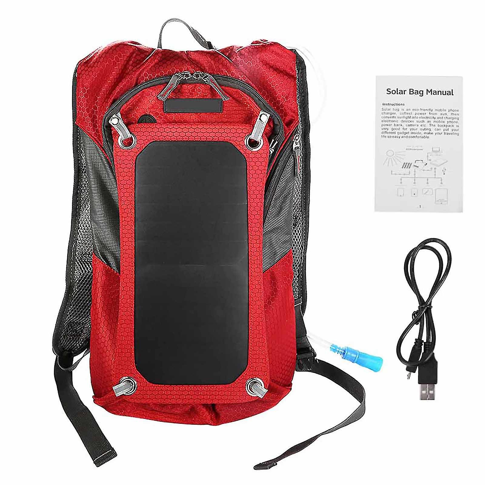 Red Cycling Backpack with 6.5W Solar Panel, 2L Water Bag, and Multi-Functionality