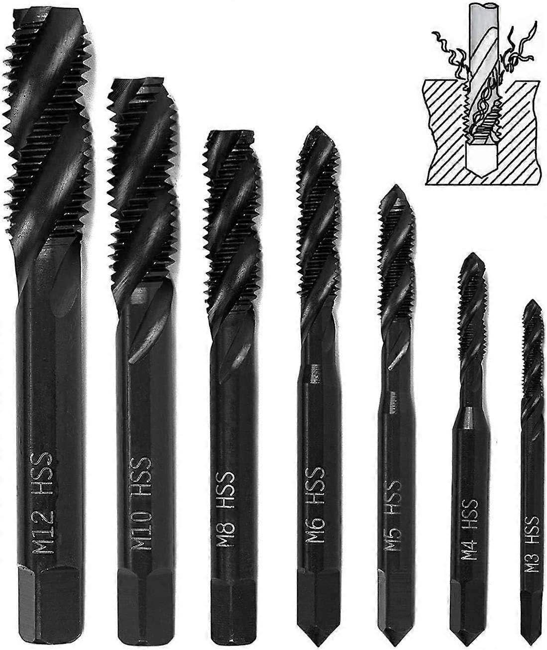7pcs Nitride Helical Thread Taps, HSS 6542 Taper Shank Tap for Metric Machine Thread Tapping Tool M3 M4 M5 M6 M8 M10 M12 for Woodworking Drill Bit