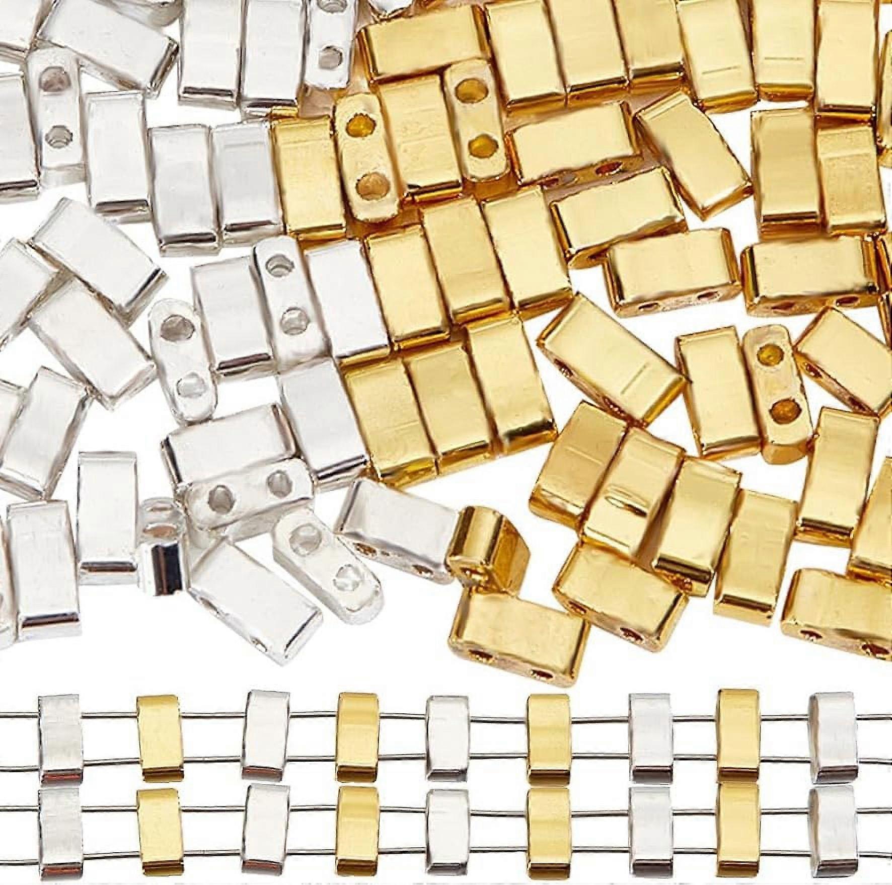 240Pcs 2 Hole Half Tila Beads 2 Colors Glass Beads Square Rectangle Mini Opaque with Plastic Container Metallic Color for Craft Bracelet Necklace Earr