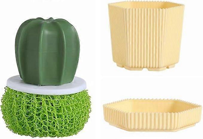 Cactus Shaped Cleaning Brush with Handle and Storage Stand, Detachable Nanofibre Cleaning Ball, Dish Pot Sink Washing Tool, Kitchen Scrubber (Yellow)
