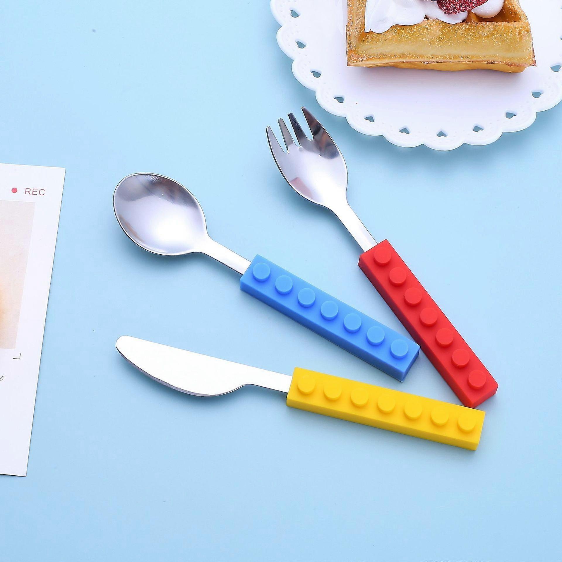Toddler Utensils and Brick Toys - Set of 3 Interlocking Block Kids Silverware - Toddler Fork and Spoon Set with Toddler Knife for Kids - Non-BPA Kids 