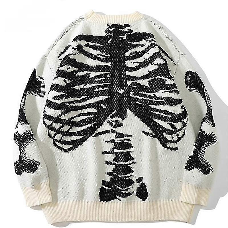 Männer Oversized Pullover Schwarz Loose Skelett Knochen Print Frauen Retro Strickpullover Herbst Baumwollpullover Unisex