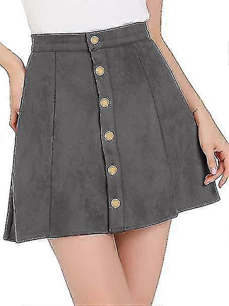 Women's Faux Suede Button Closure A-line High Waisted Flared Mini Short Skirt