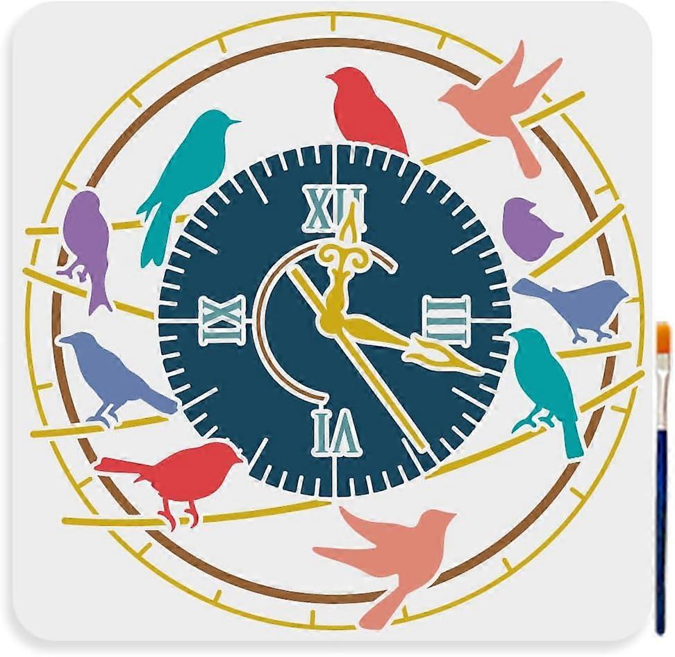 Bird Clock Stencil 11.811.8inch Large Vintage Time Crow Bird Stencil with Paint Brush Retro Round Clock Template for DIY Craft Canvas Wall Wood Home D