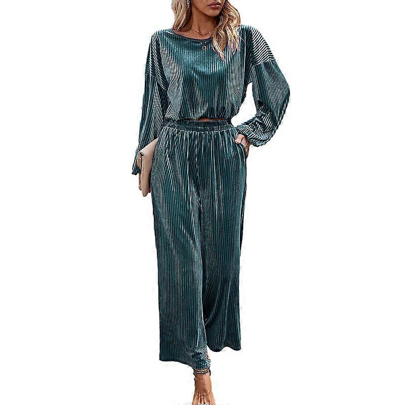 طقم نسائي من قطعتين من الساتان، بلوزات قصيرة بأكمام منتفخة