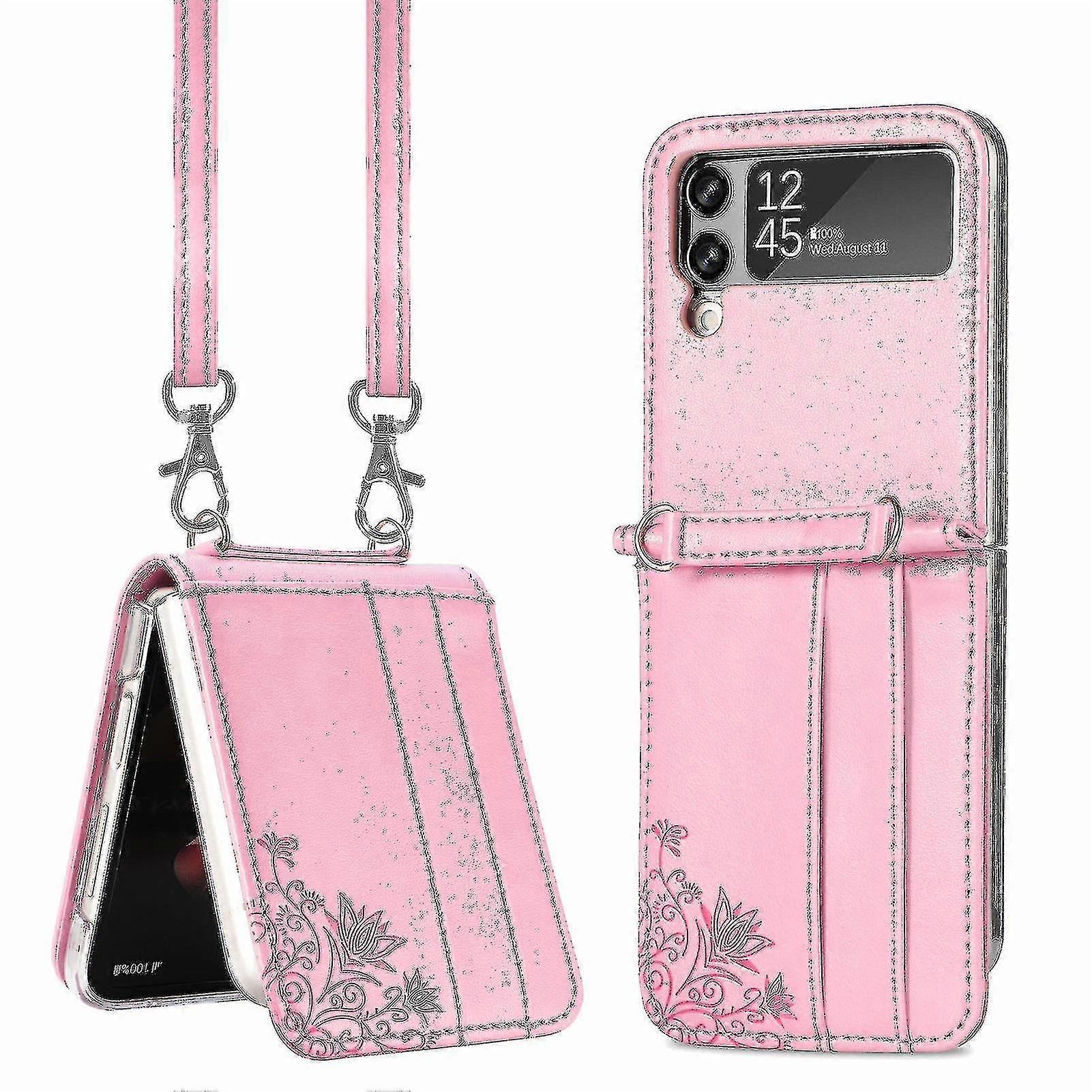 Per Samsung Galaxy Z Flip 3 5g Schermo pieghevole Custodia per telefono Messenger Borsa Cordino Carta custodia per telefono in pelle-rosa